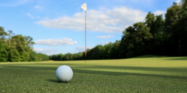 A golfball sits on a putting green